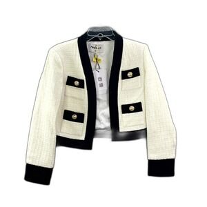 Redsuit Tweed Crop Cardigan Blazer Jacket Womens M White Black Trim Minimalist
